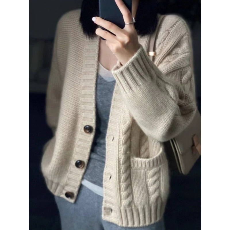 Тяжелый толстый свитер женский кардиган 24 Осень Зима Твистер V-образный свитер свободный ленивый ветер сплошной топ-пальто
