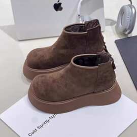 磨砂牛皮大头厚底松糕马丁靴女2024新款秋冬加绒烟筒切尔西短靴潮