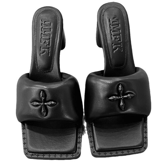 [in stock] SMFK Black Balloon High-heeled Shoes Women's Open Toe Square Duckbill Sheepskin One-word Coarse Heel Bread Sandals