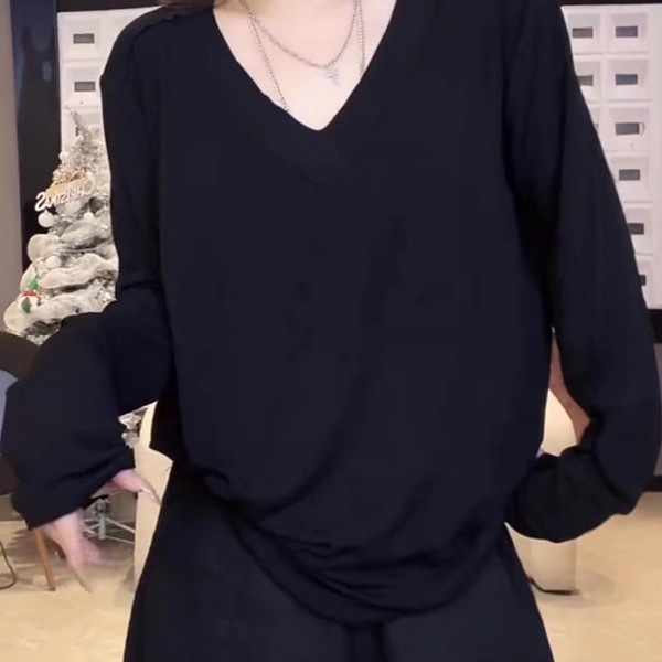 大码设计感V领正肩长袖内搭打底衫女早秋胖mm宽松显瘦薄款t恤上衣