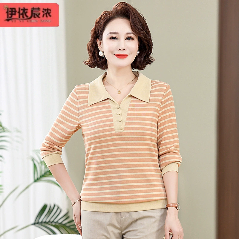 Весна Новая рубашка в полоску с длинными рукавами и лацканами, маленькая рубашка для женщин среднего и пожилого возраста, мягкая, приятная для кожи футболка, базовая оптовая продажа