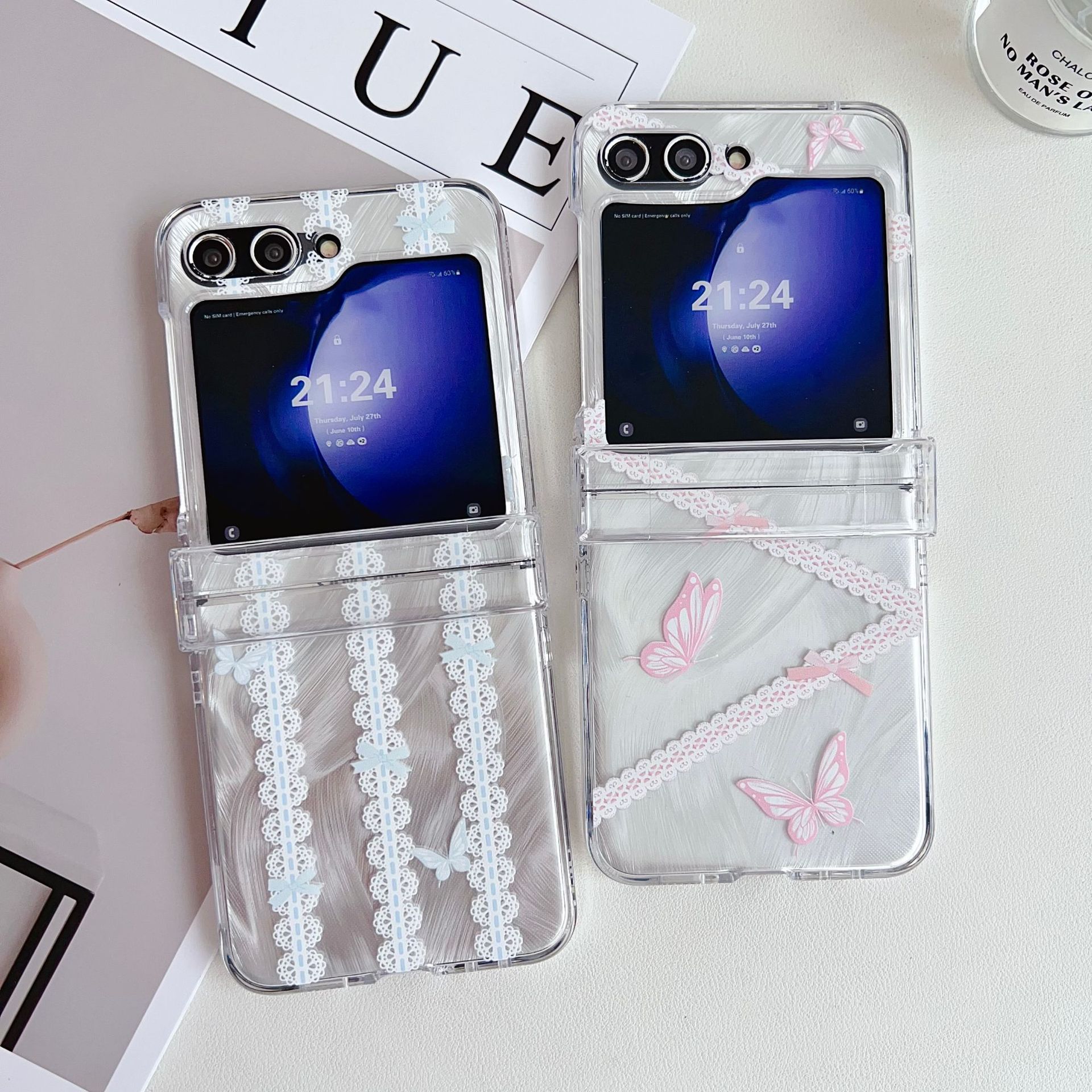 Feather Yarn Lace Butterfly For Samsung Z Flip5 Transparent ZFlip3/4 Protective Case Korean Style Fashion_voghion.com