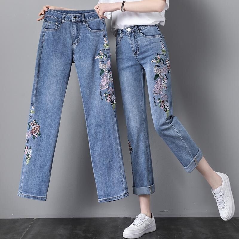 Women's Straight-Leg Jeans, Summer Thin Style, Loose High-Waisted, Embroidered Ethnic Style, Trendy Floral Straight-Leg Pants, Long Pants Women's Straight-Leg Jeans, Summer Thin Style, Loose High-Waisted, Embroidered Ethnic Style, Trendy Floral Straight-Leg Pants, Long Pants