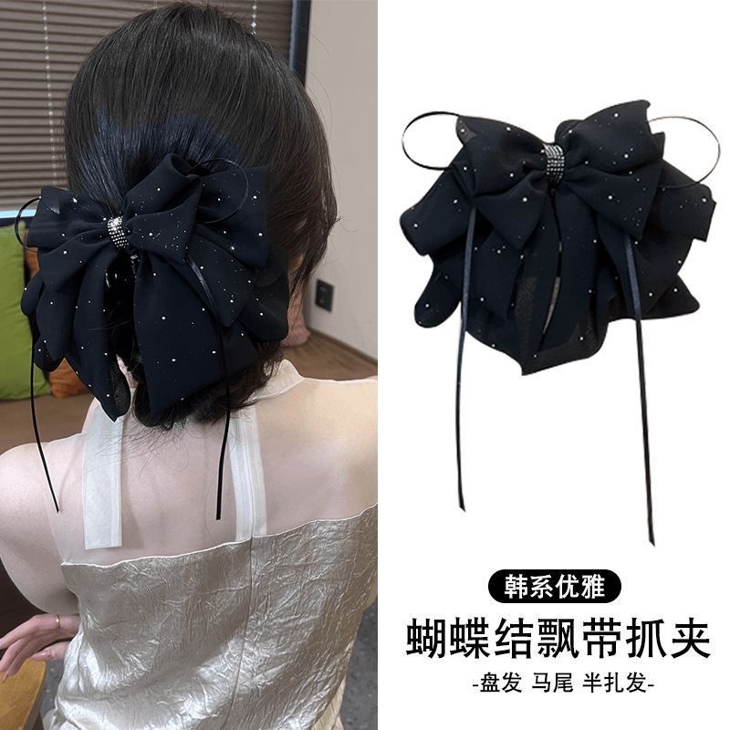Korean-style starry sky gauze bow ponytail clip starry sky pendant temperament hairpin back head half tie grip clip headdress