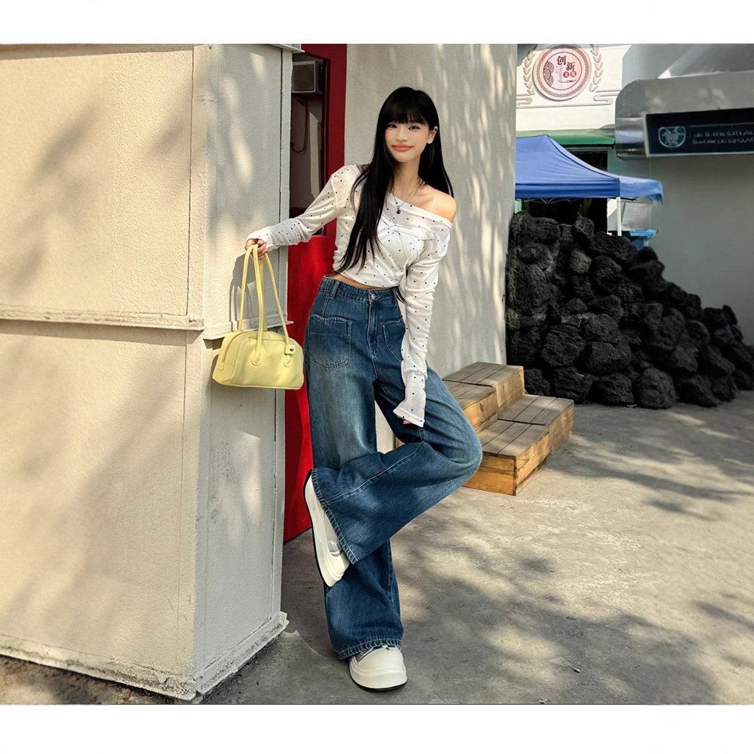 Retro Korean style|Personal front patch pocket design|Trousers|Extended|Loose wide-leg jeans