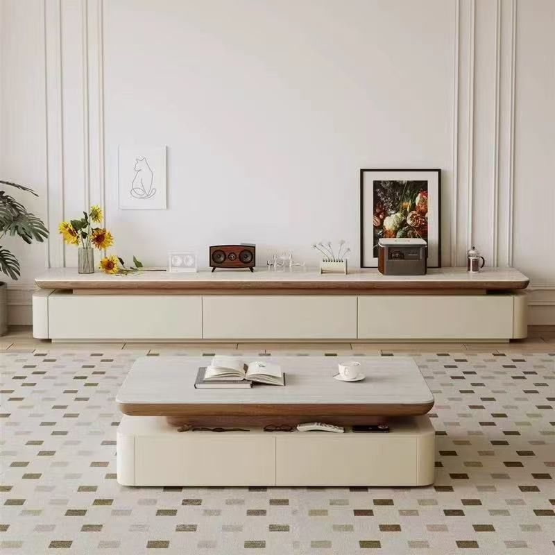 Medieval Style Solid Wood Slate Coffee Table Living Room Home Cream Style Minimalist Travertine Floor-Standing Tv Cabinet Combination Small Apartment