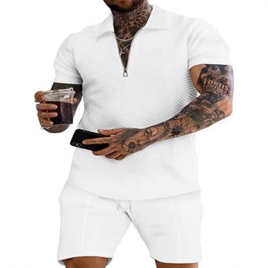 2025跨境欧美新款针织衫独立站男式休闲纯色拉链翻领衫短袖男套装