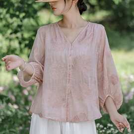 2026夏季轻薄气质苎麻蒲公英绣花灯笼袖圆领森女系减龄气质体恤衫