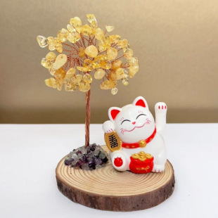 Natural Crystal Pink Crystal Citrine Fortune Tree Lucky Cat Ornaments Home Opening Desktop Ornaments Cute Little Gifts