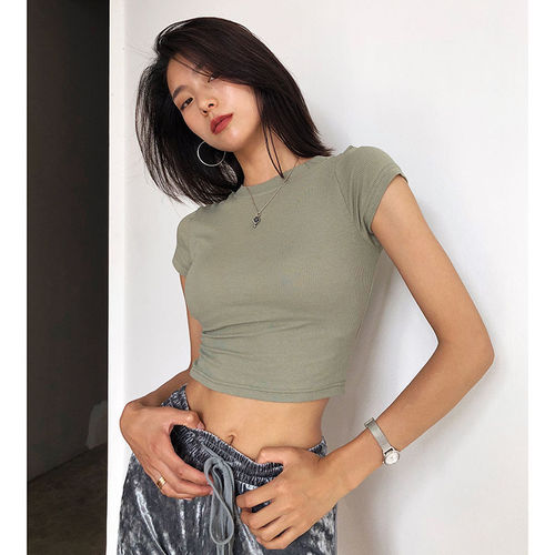 Summer Trendy Ultra-Hot Straight Shoulder Short-Sleeve T-Shirt for Women, Slimming and Body-Concealing, Ideal as a Nippleless Underlayer, High-Waisted and Sensual Short Top