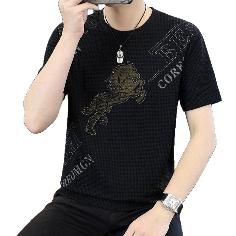 Verano hombre bordado tendencia delgada casual media manga marca de moda hombre cuello redondo camiseta de manga corta camiseta de comercio exterior