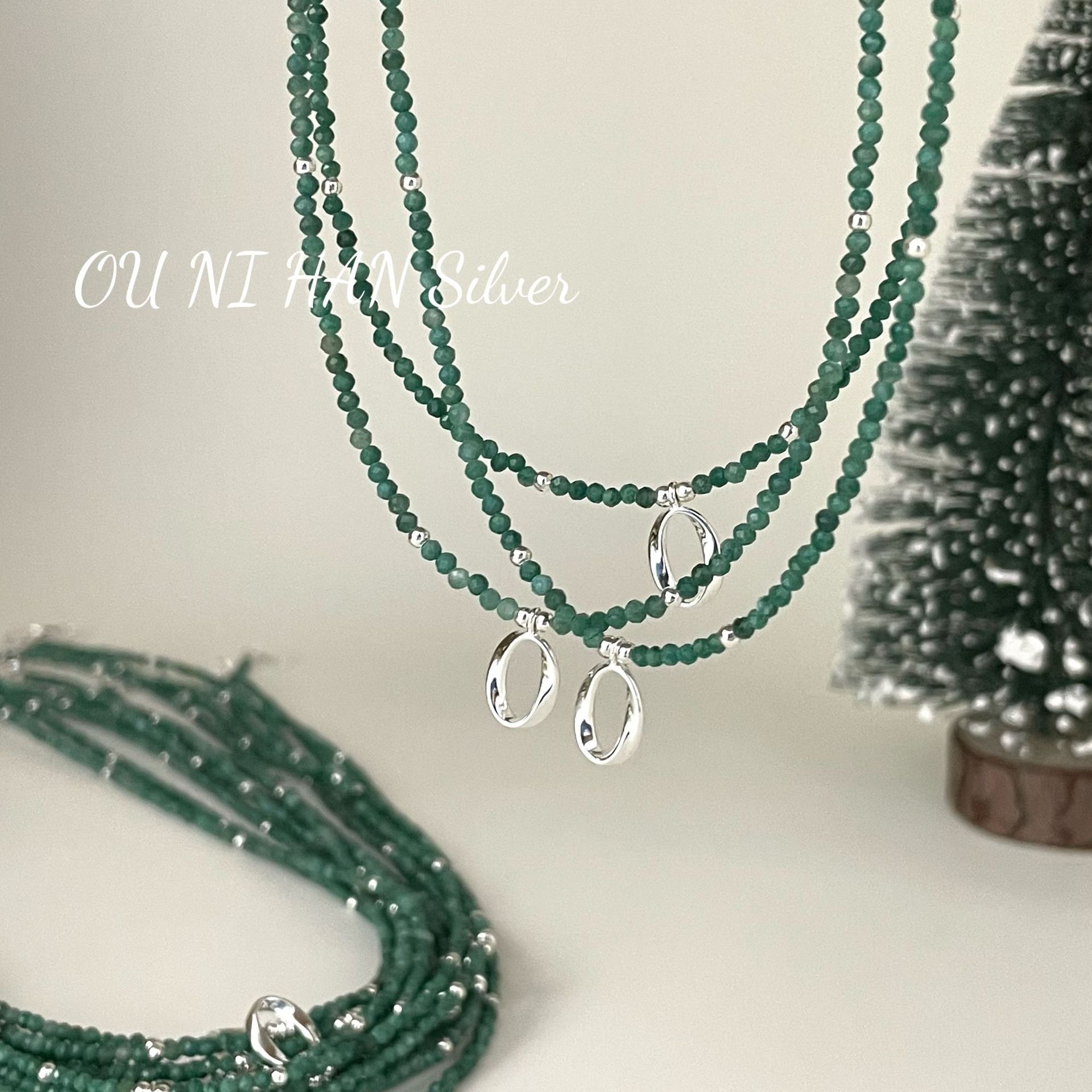 歐尼韓S925純銀森系活力綠色手工串珠項鍊時尚簡約橢圓吊墜秋冬款