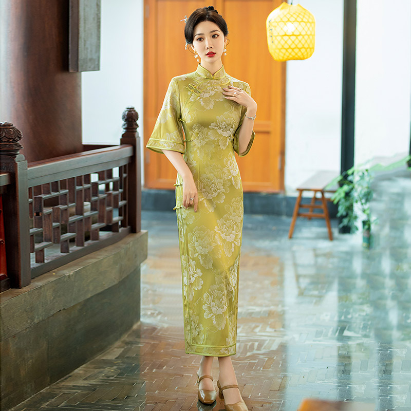 金榜題名送考國風長款改良旗袍2024新款女復古中長袖走秀款春秋裝