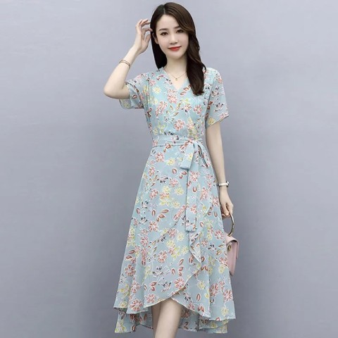 2025 Summer Floral Print Dress for Summer and Autumn, French Ice Silk Medium-Length Slimming and Elegant Waist-Closing Dress