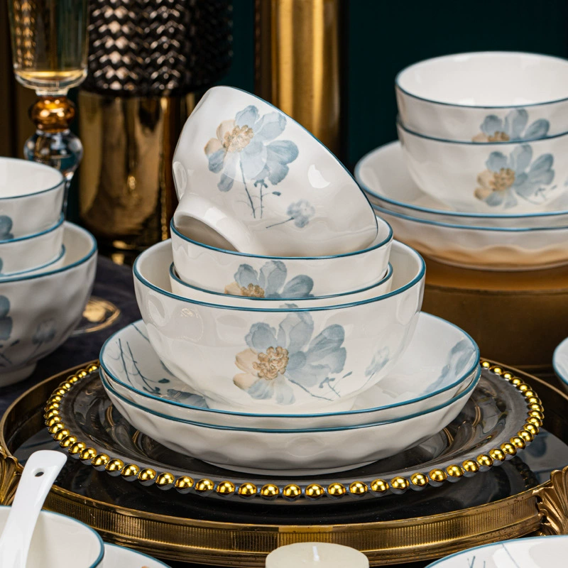 Керамический набор посуды Jingdezhen Ningxiang, подглазурная цветочная роспись, разные размеры