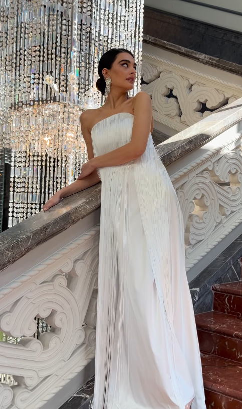 Elegant Strapless Fringe Evening Gown, Flowy Party Dress For Women, Bodycon Midi Dress In Sky Blue, Pink, White_ecoleips.com