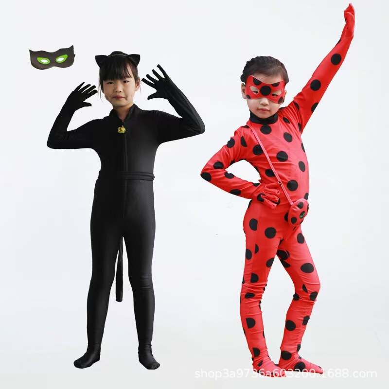 瓢虫少女衣服雷迪cos服装成人儿童黑猫瓢虫角色扮演假发腰包眼罩|undefined