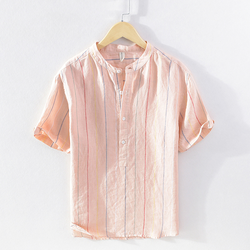 Nuova camicia a maniche corte a righe in lino per giacca casual estiva da uomo con colletto rialzato cinese_voghion.com