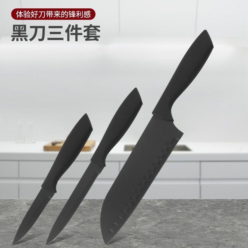 En stock al por mayor nuevo cuchillo de fruta negro de tres piezas de cocina cuchillo de fruta traje de comercio exterior