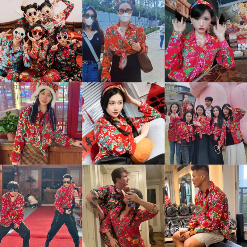 Groomsmen and Bridesmaids' Floral Shirts with Long Sleeves, Unisex Couple Style, Northeastern Large Floral Retro Chinese Era National Trend Style