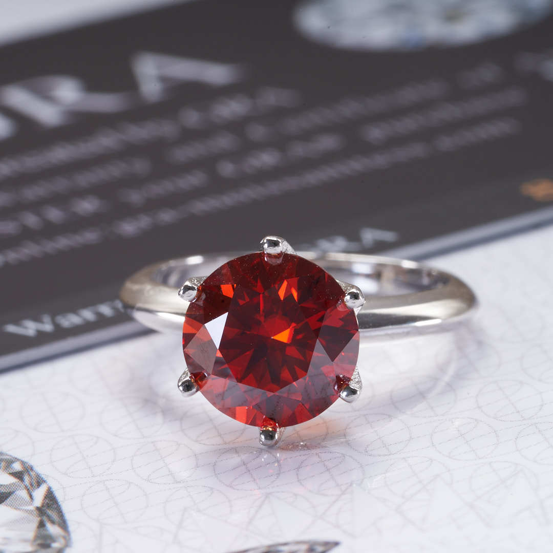 Anillo de diamante de granada rojo de moissanita de color, anillo de diamante de moissanita de color de Estados Unidos, soporte al por mayor de una pieza de cabello