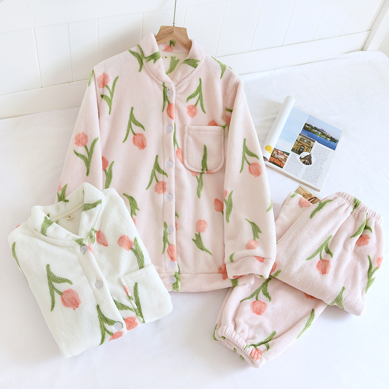 Flannel Long-sleeved Pants Pajamas Set Single-piece Top Neck Trousers Split Home Clothes Autumn and Winter Thickened New