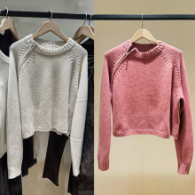 法式小众 2025冬季纯色简约圆领侧拉链花纱混纺套头宽松毛衣YS307