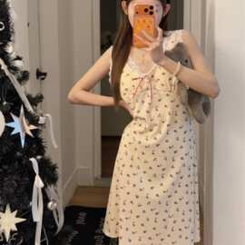 杏色碎花睡裙女夏季带胸垫蕾丝边甜美无袖家居服