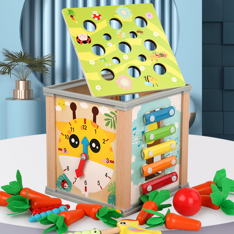 Caja de tesoro multifuncional nueve en uno de madera para niños de CPC CE transfronterizo que toca el piano y tira de bloques de construcción a juego de frutas de rábano