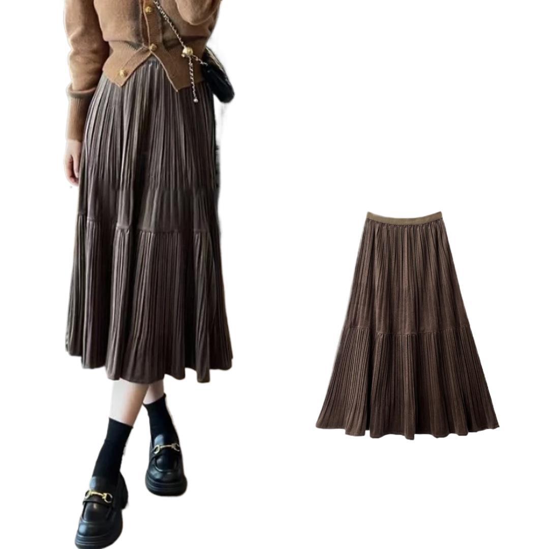 가을과 겨울 벨벳 스커트 새로운 도착 스티칭 높은 허리 슬림-적합 중간 길이 스커트 안개가 슬리밍 주름 스커트 대형 스윙 스커트