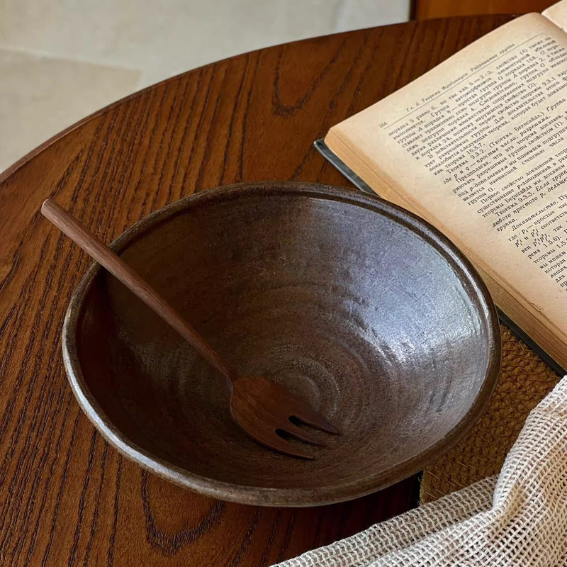 Japanese-Style Handmade Wabi-Sabi Salad Bowl, Vintage Irregular Coarse Pottery Bowl, Household Brown Ceramic Tableware Noodle Bowl