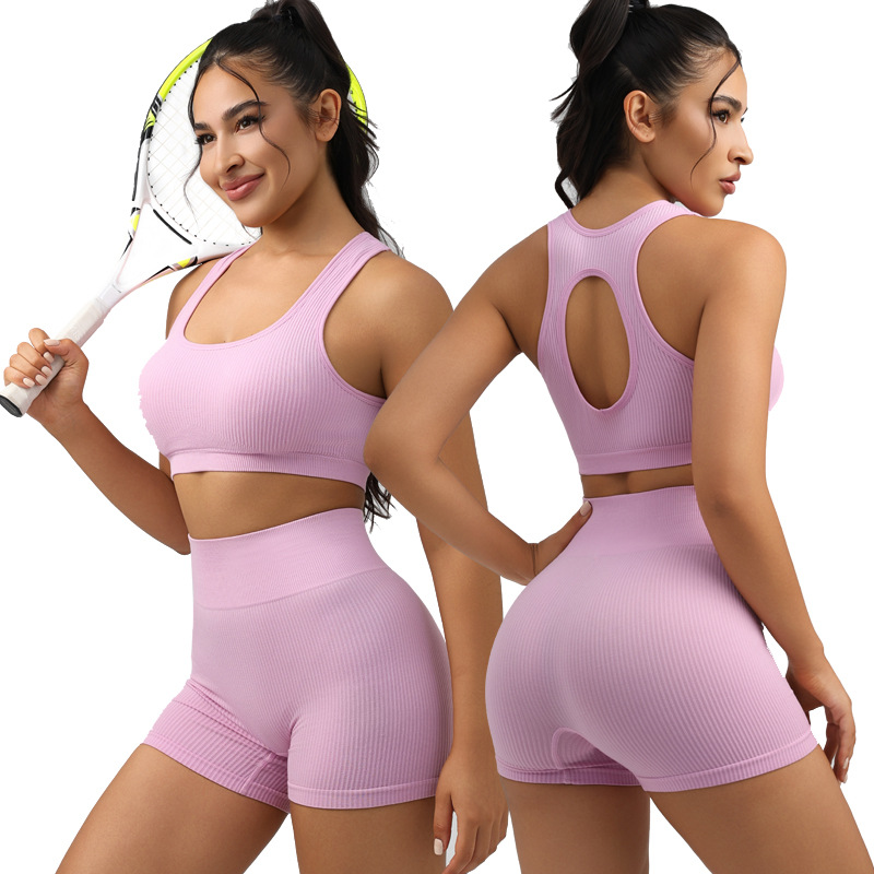 Bra apretado con cojín de pecho de rosca, yoga de cintura alta, melocotón de acondicionamiento físico, ropa deportiva de secado rápido, pantalones cortos.