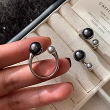 大溪地黑银灰色珍珠开口中指食指戒指女时尚个性精致轻奢高级小众