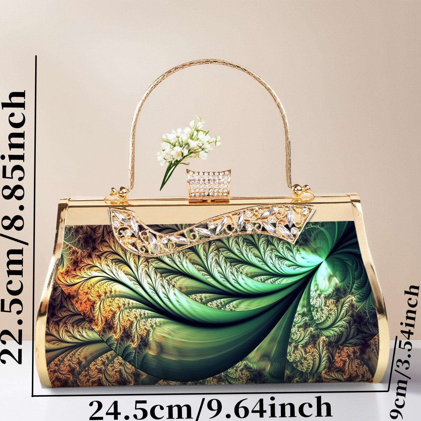 Elegante Abendtasche In Smaragdgrün Mit Blumenmuster Und Gold_voghion.com