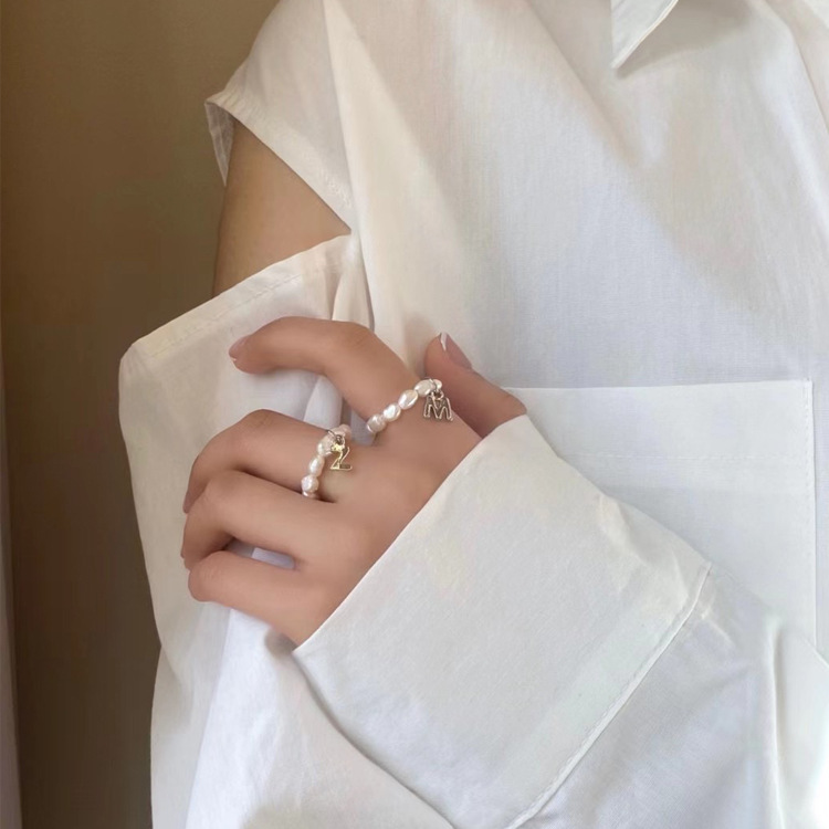 13g Weight Rings Classification Retro Letter Freshwater Pearl Metal Beaded Plating Rings 1 Piece