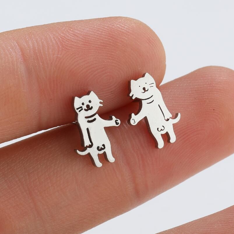 Cute Cat Titanium Steel Hollow Out Ear Studs 1 Pair