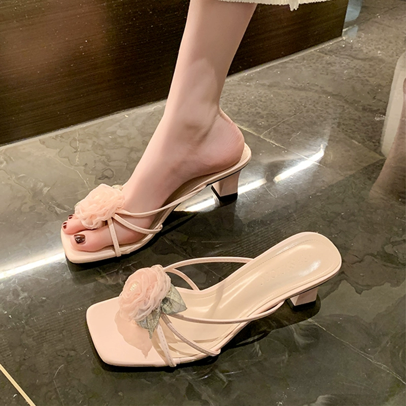 Женские босоножки на высоком каблуке, лето 2024, новинка, модные модные босоножки с розовым квадратным носком и толстым каблуком, с юбкой и тапочками