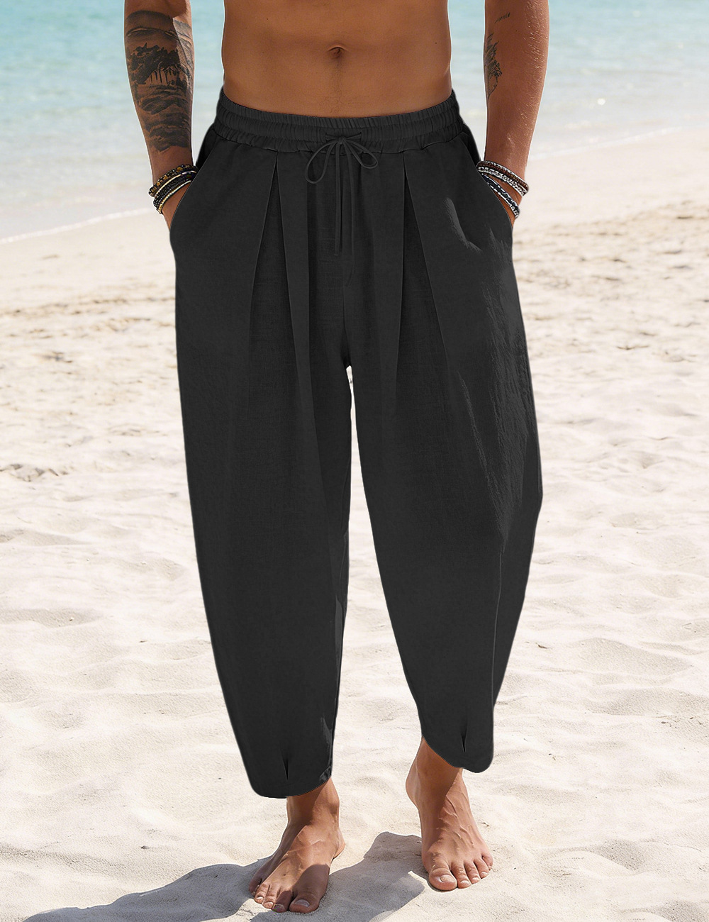 Transfronterizo TK hombre algodón lino sólido pantalones de playa Amazon transpirable rápido secado vacaciones americano pantalones casuales grandes