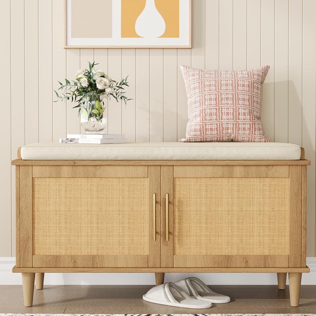 Cross-Border Furniture Export: Household Entryway Bench for Changing Shoes, Rattan Woven Entryway Shoe Cabinet Integrated, Popular in Europe and America