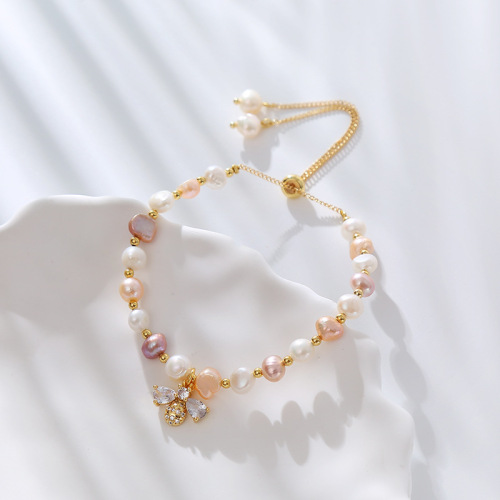 Baroque Aberrant Freshwater Pearl Micro-set Zirconia Small Honeybee Bracelet Instagram Fashion Minimalist Korean Style Fashion Accessory