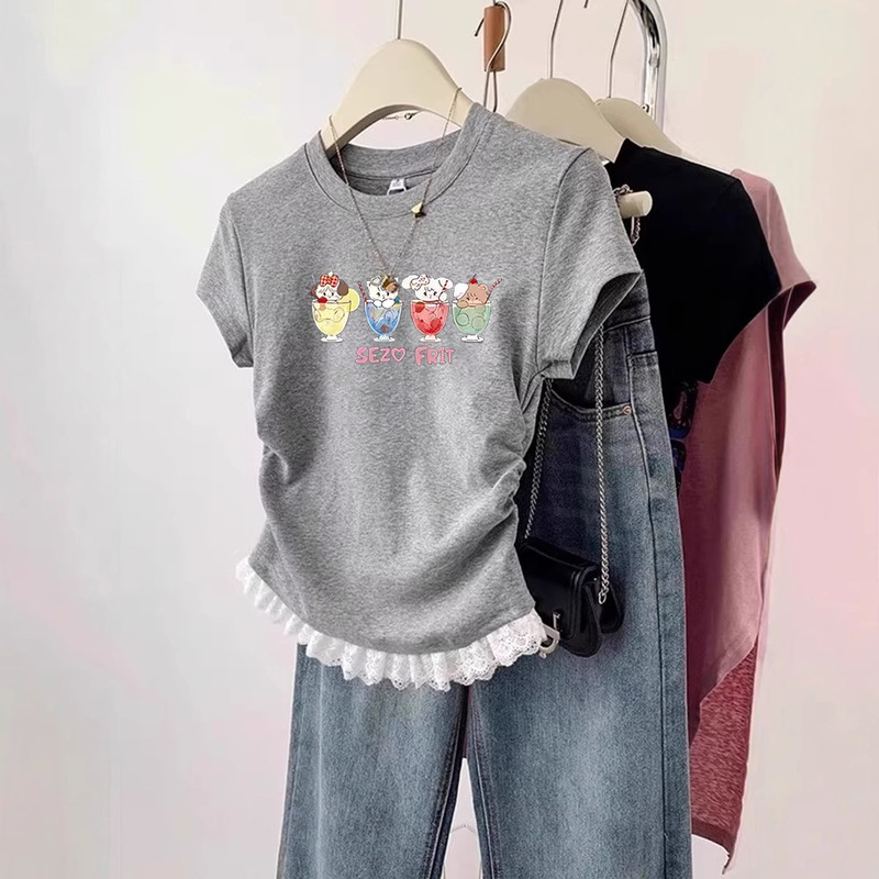 Sweet and Spicy Style Cute Cat Print Right Shoulder Round Neck Pure Cotton Short-Sleeved T-Shirt Women's Pinch Waist Pleated Lace Top Sweet and Spicy Style Cute Cat Print Right Shoulder Round Neck Pure Cotton Short-Sleeved T-Shirt Women's Pinch Waist Pleated Lace Top