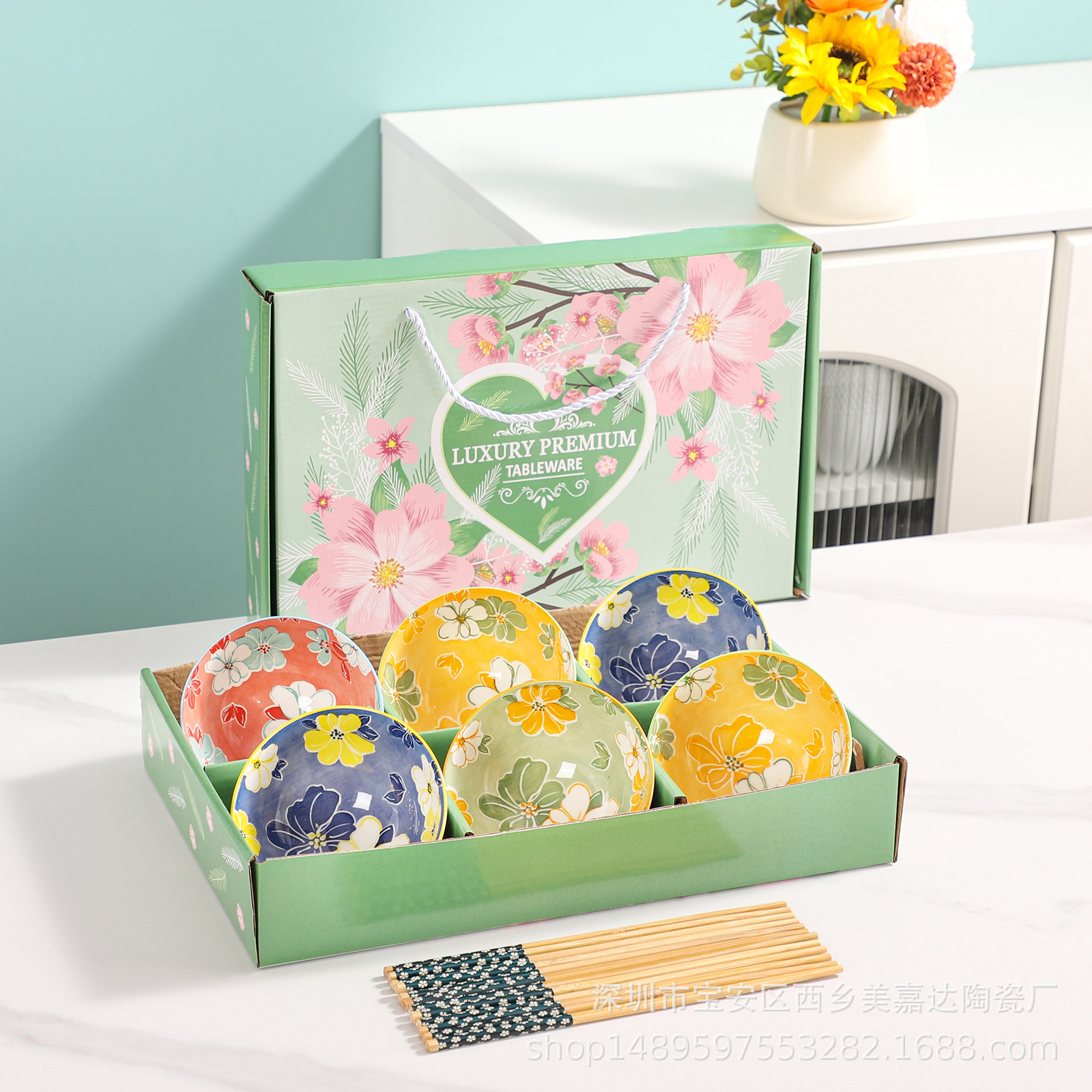 Regalo bohemio tazón de cerámica y palillos traje al por mayor tazón y plato traje hogar tazón de arroz vajilla conjunto tazón caja de regalo traje