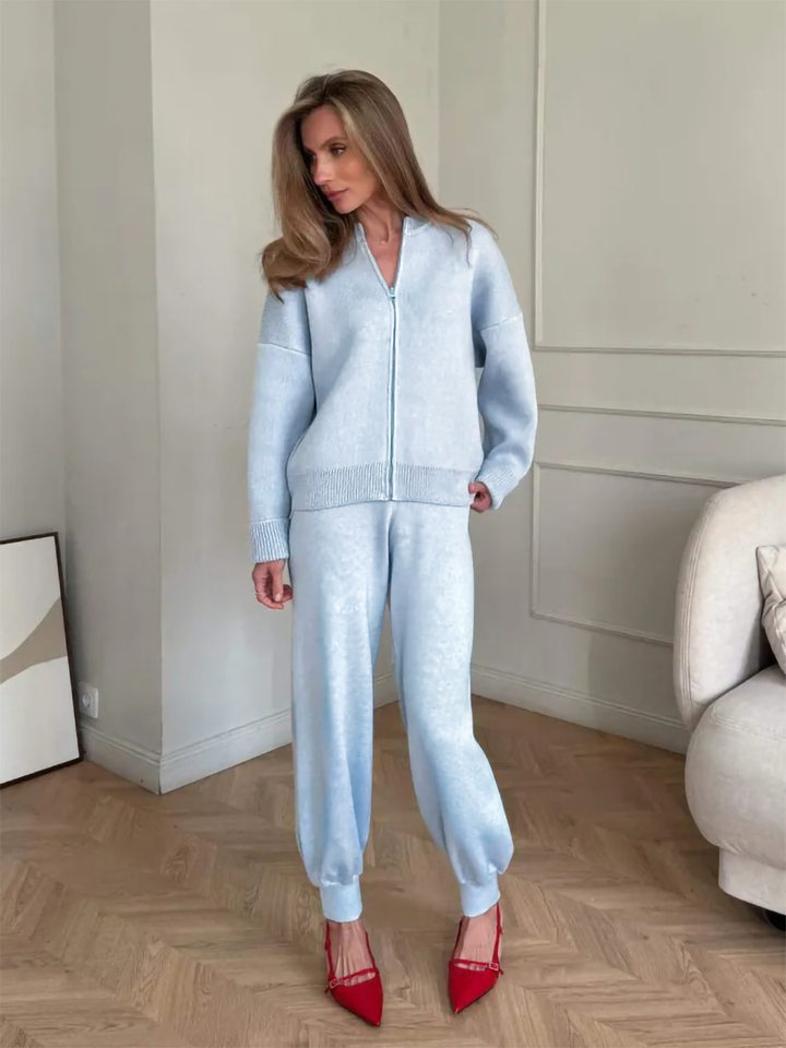 Bộ áo cardigan dệt kim khóa kéo dài tay phối quần ống rộng cho nữ — Màu nâu, Màu trắng, Màu xanh dương chi tiết 18