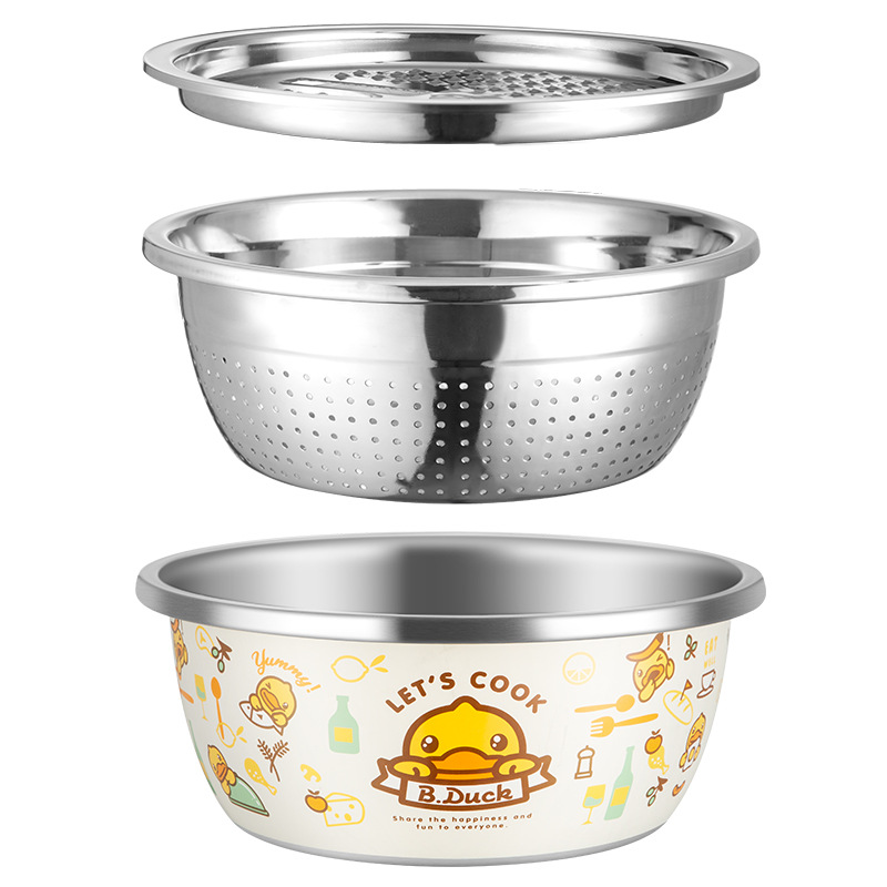 炊大皇B.Duck新品小黄鸭304不锈钢盆筛三件套多功能组合盆卡通