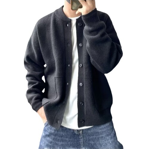 Japanese-style round neck open sweater for men, spring and autumn, Hong Kong-style knitted sweater, round neck jacket, simple and loose, thick sweater outerwear