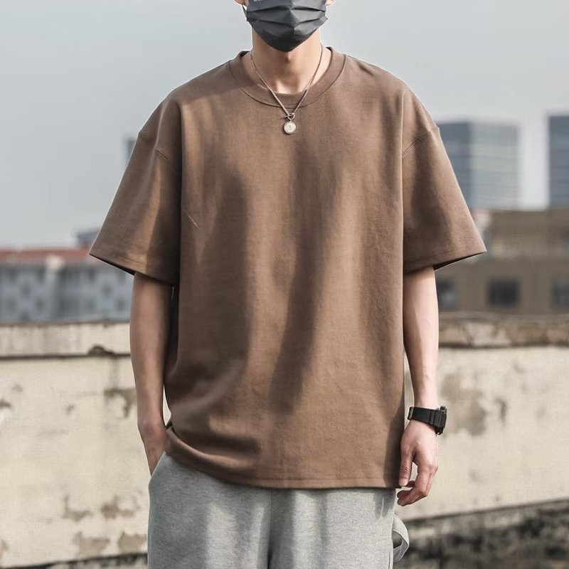 Heavy Summer Solid Color T-Shirt Men's Short-sleeved Loose Top Cotton Half-sleeved T-shirt White Base Shirt Trendy Couple