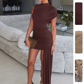 2026春季新款女装 跨境欧美连衣裙子 时尚修身纯色不规则包臀裙