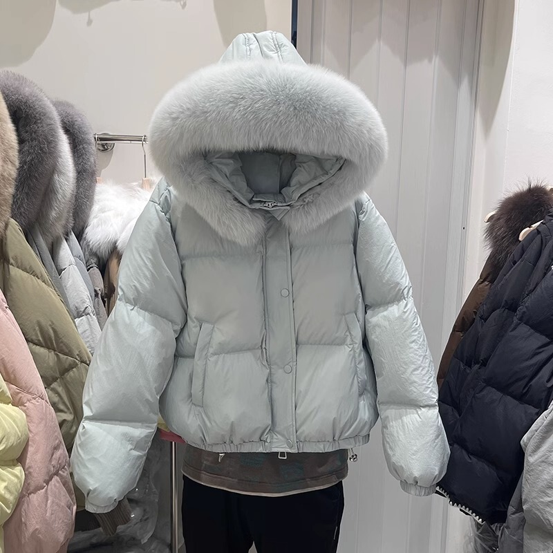 Women's down Jacket with Thick Fox Fur, Short Hooded Style, New Loose Fit for Petite Figures, White Duck down Puffer Coat