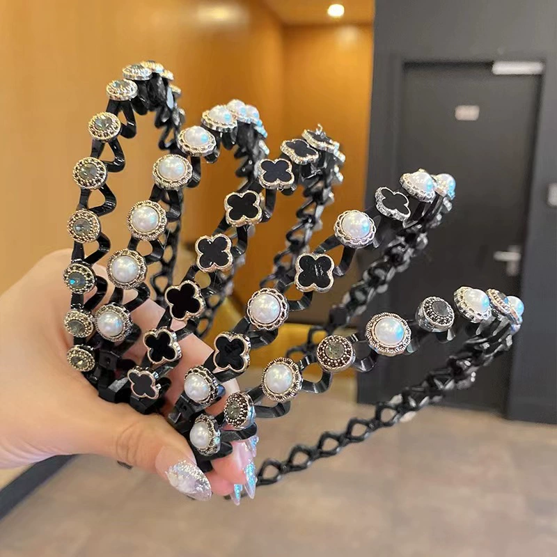 Повязка на голову/Стреп Hairgrip — жемчужная и цветочная волнистая заколка для волос, зажим для чёлки, assorted colors, 12 см