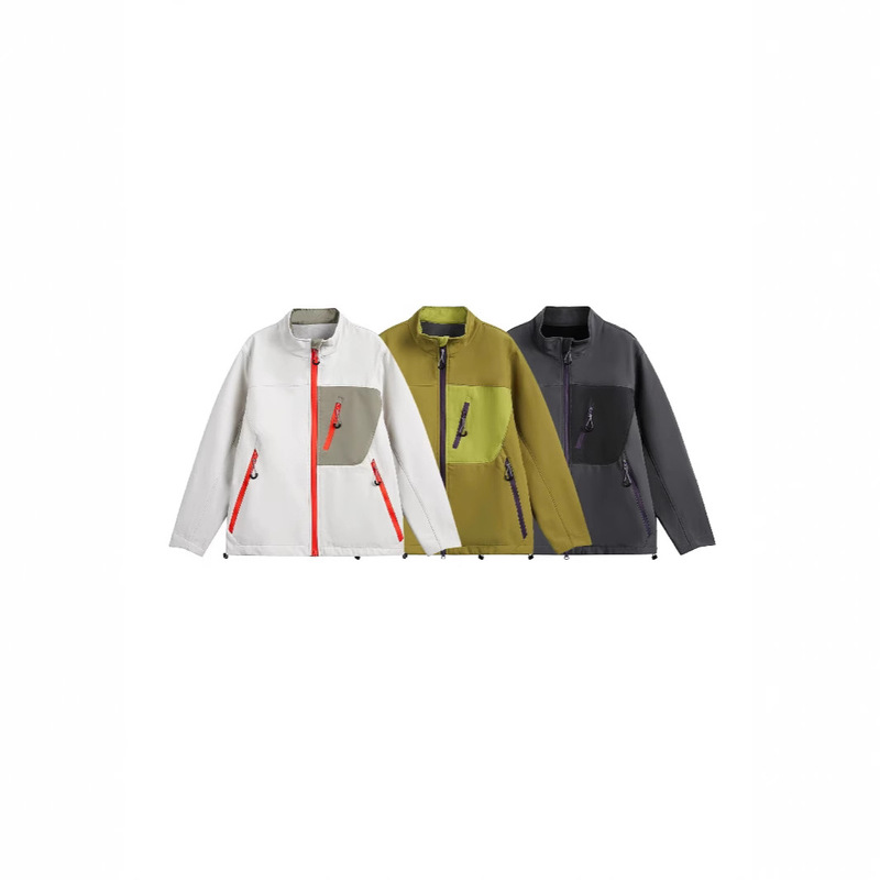 2025 New Outdoor Three-proof Soft Shell Jacket Men's Vertical Collar Contrast Color Autumn and Winter fleece-lined Warm Jacket Coat Top